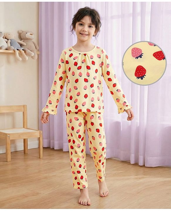 Pine Kids Cotton Knit Full Sleeves Co-ords Night Suit with Strawberry Print - Yellow