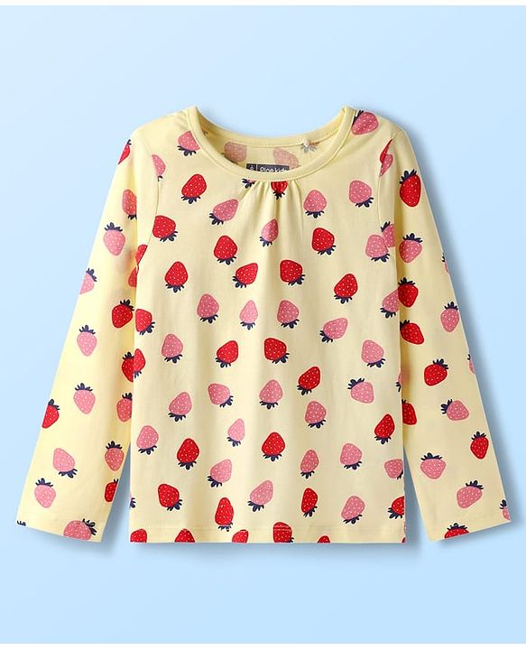 Pine Kids Cotton Knit Full Sleeves Co-ords Night Suit with Strawberry Print - Yellow