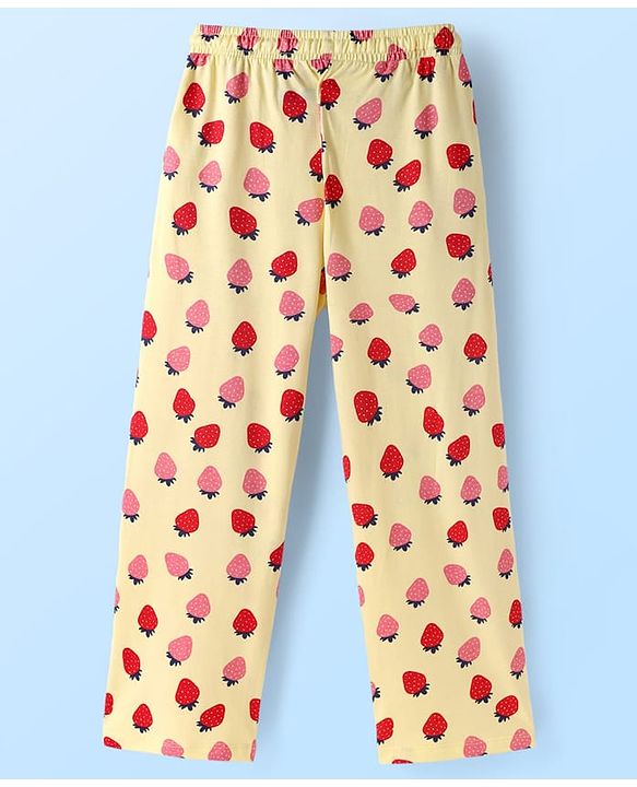 Pine Kids Cotton Knit Full Sleeves Co-ords Night Suit with Strawberry Print - Yellow