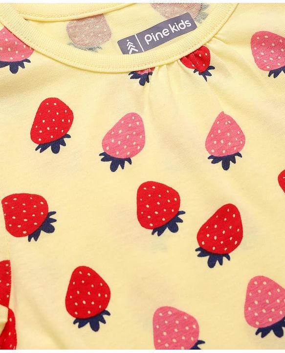 Pine Kids Cotton Knit Full Sleeves Co-ords Night Suit with Strawberry Print - Yellow