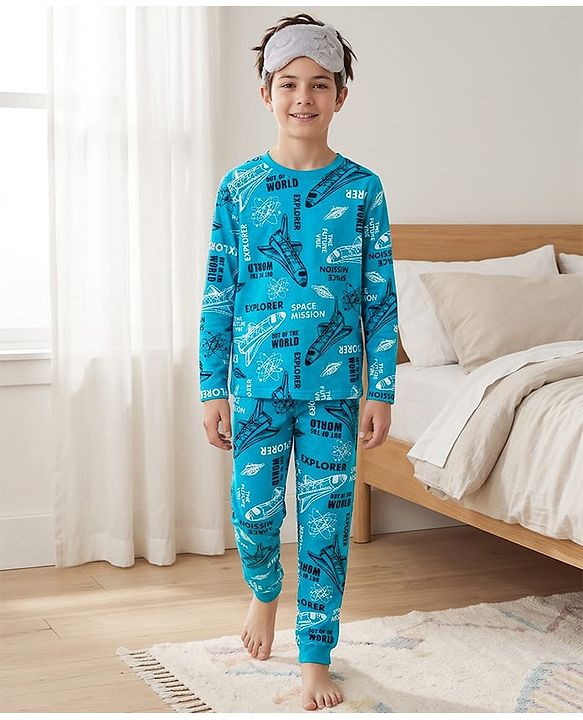 Pine Kids Cotton Knit Full Sleeves Co-ord Set Night Suit with Space Theme Print - Aqua Blue