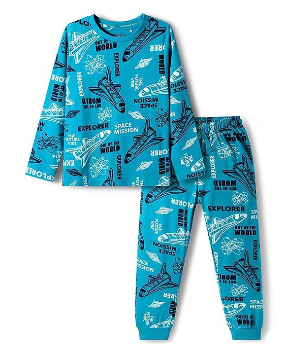 Pine Kids Cotton Knit Full Sleeves Co-ord Set Night Suit with Space Theme Print - Aqua Blue
