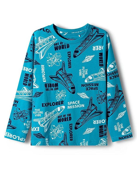 Pine Kids Cotton Knit Full Sleeves Co-ord Set Night Suit with Space Theme Print - Aqua Blue