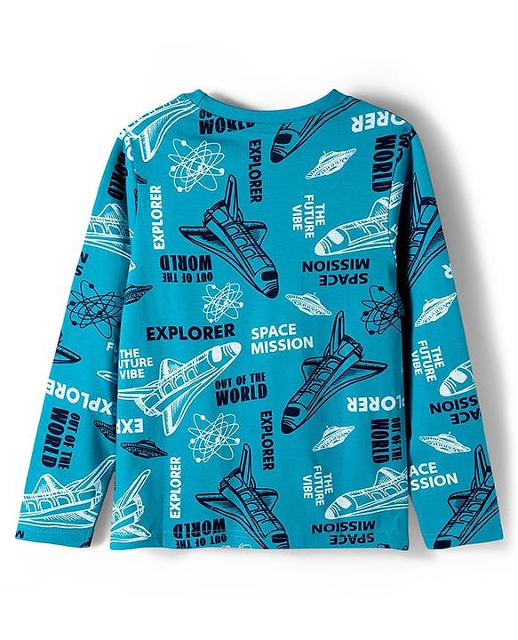 Pine Kids Cotton Knit Full Sleeves Co-ord Set Night Suit with Space Theme Print - Aqua Blue