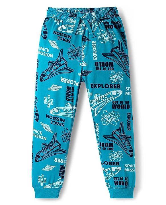 Pine Kids Cotton Knit Full Sleeves Co-ord Set Night Suit with Space Theme Print - Aqua Blue
