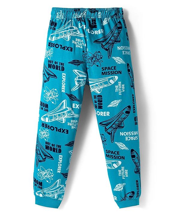 Pine Kids Cotton Knit Full Sleeves Co-ord Set Night Suit with Space Theme Print - Aqua Blue