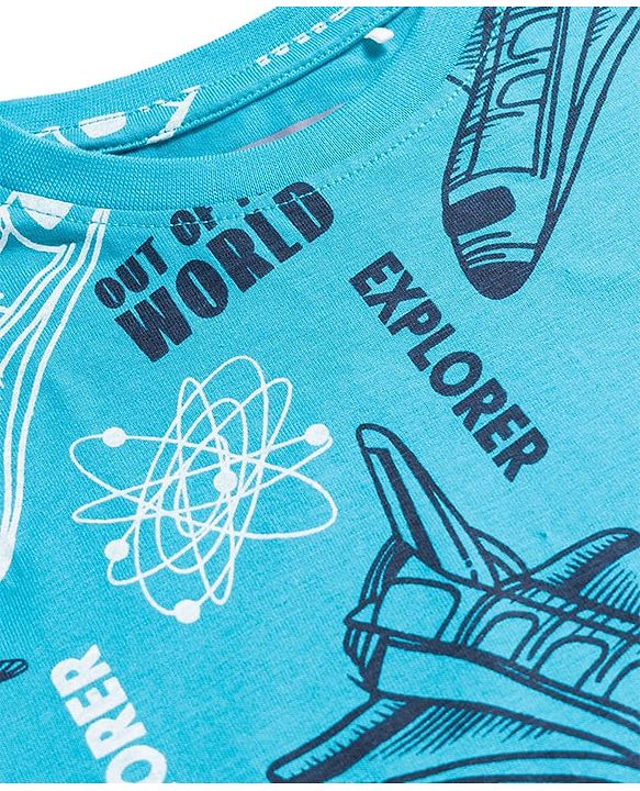 Pine Kids Cotton Knit Full Sleeves Co-ord Set Night Suit with Space Theme Print - Aqua Blue