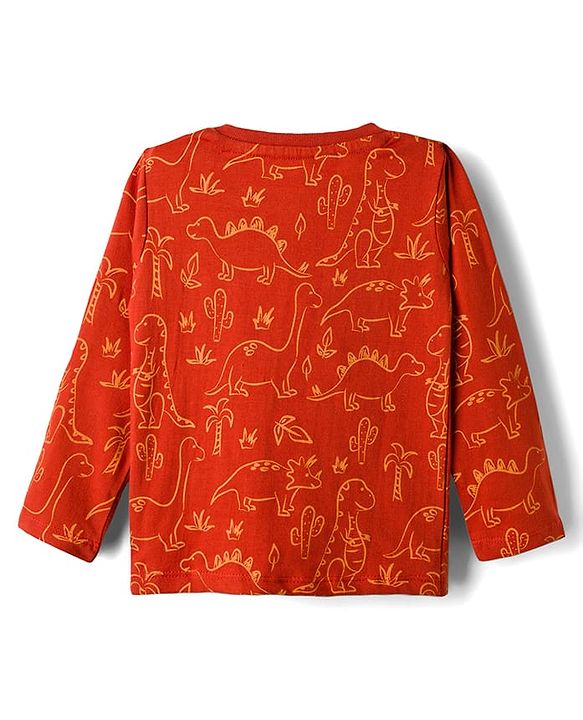 Babyhug Cotton Knit Full Sleeves Co-ords Night Suit with Dino Print - Red