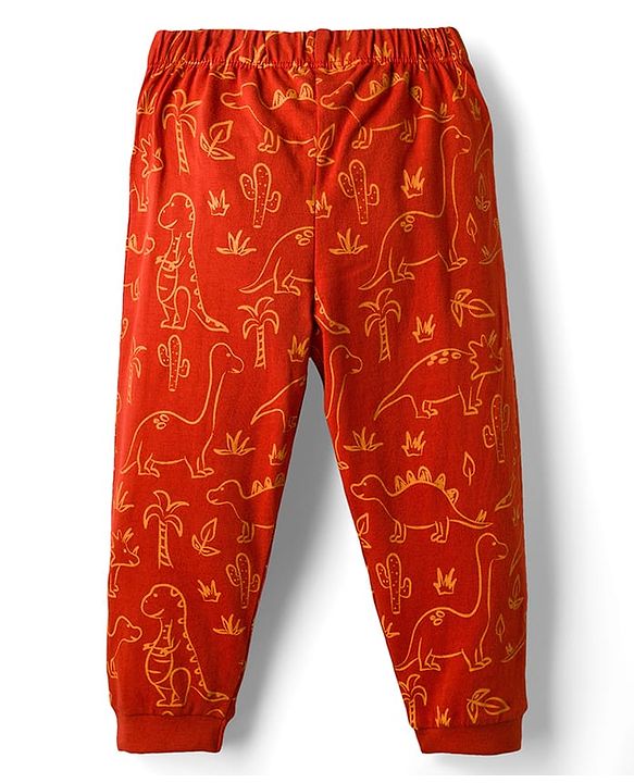 Babyhug Cotton Knit Full Sleeves Co-ords Night Suit with Dino Print - Red