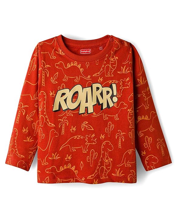 Babyhug Cotton Knit Full Sleeves Co-ords Night Suit with Dino Print - Red