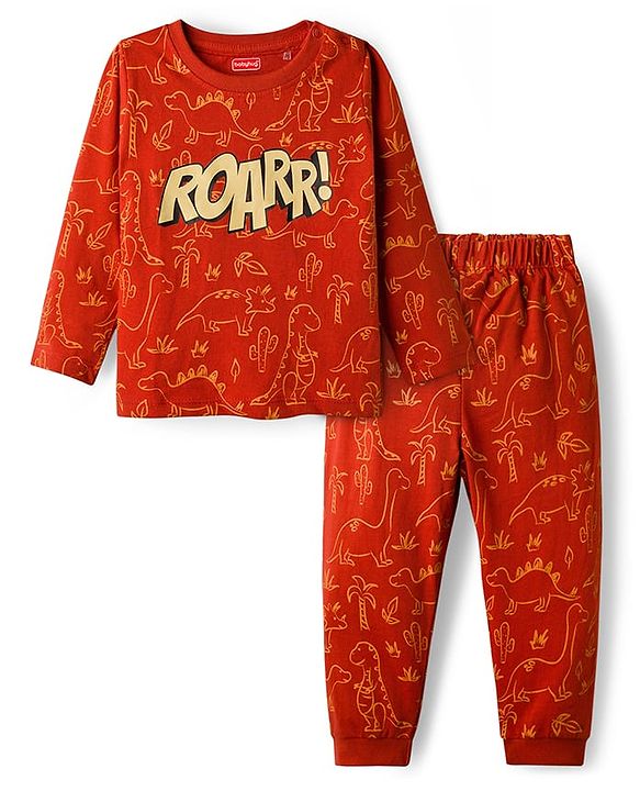 Babyhug Cotton Knit Full Sleeves Co-ords Night Suit with Dino Print - Red