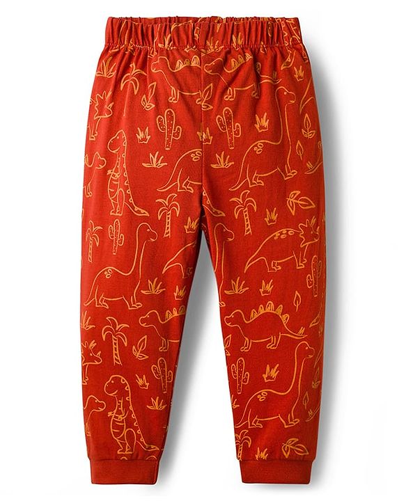 Babyhug Cotton Knit Full Sleeves Co-ords Night Suit with Dino Print - Red
