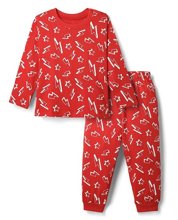 Babyhug Cotton Knit Full Sleeve Co-Ord Night Suit with Thunderbolt Print - Red