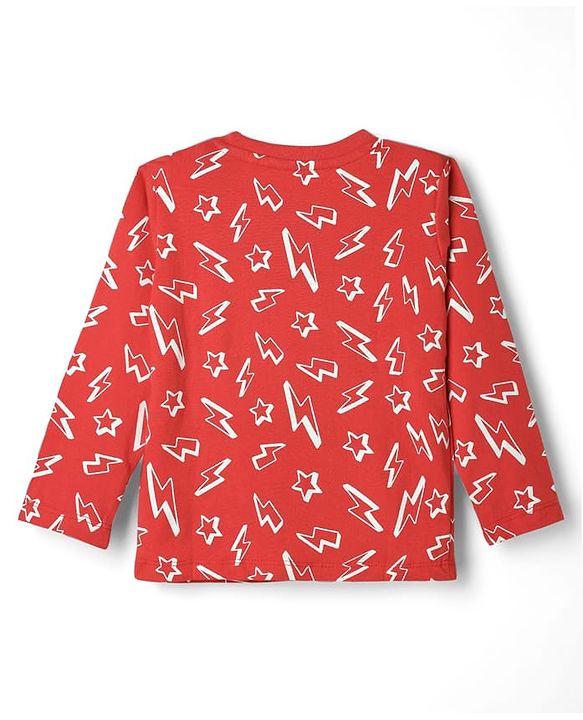 Babyhug Cotton Knit Full Sleeve Co-Ord Night Suit with Thunderbolt Print - Red