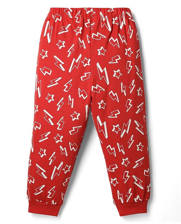 Babyhug Cotton Knit Full Sleeve Co-Ord Night Suit with Thunderbolt Print - Red