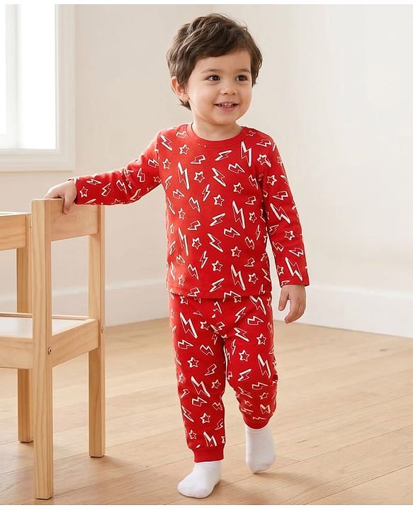 Babyhug Cotton Knit Full Sleeve Co-Ord Night Suit with Thunderbolt Print - Red