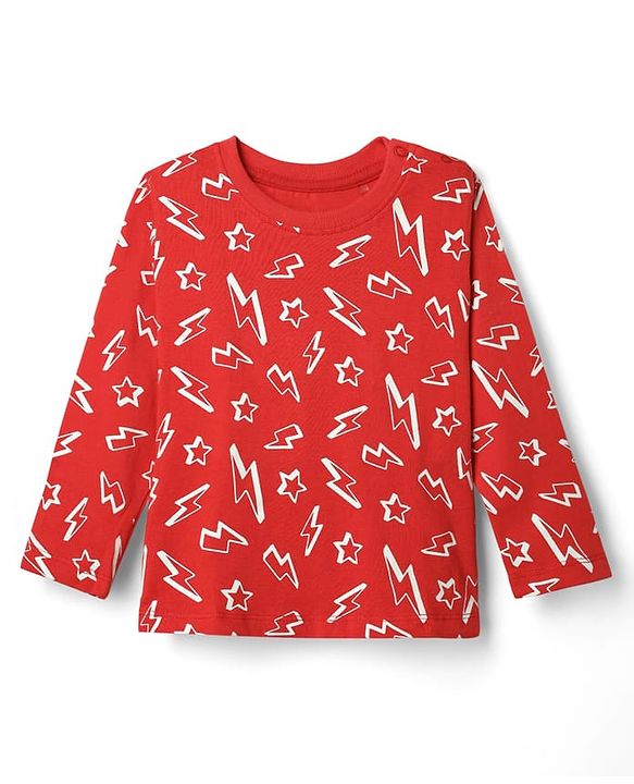 Babyhug Cotton Knit Full Sleeve Co-Ord Night Suit with Thunderbolt Print - Red