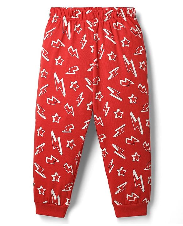 Babyhug Cotton Knit Full Sleeve Co-Ord Night Suit with Thunderbolt Print - Red