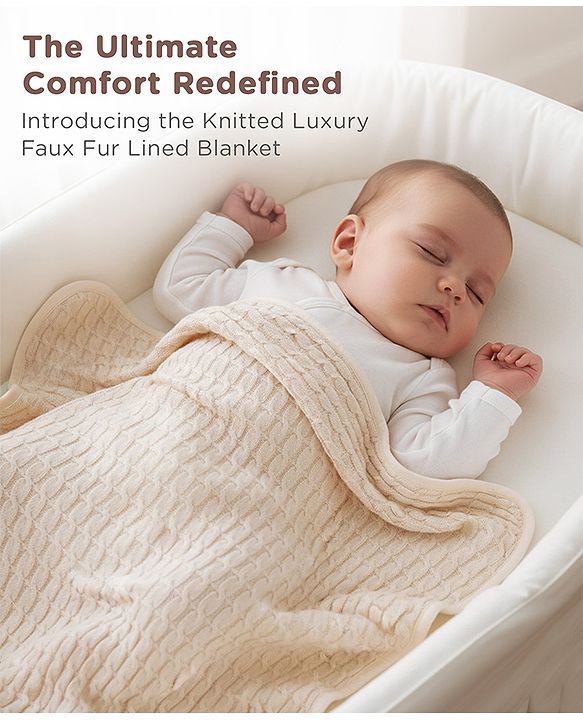 Babyhug Premium Cotton Knitted & Fur All Seasons Blanket - Off White