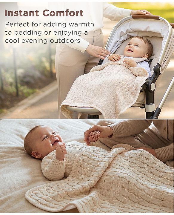 Babyhug Premium Cotton Knitted & Fur All Seasons Blanket - Off White