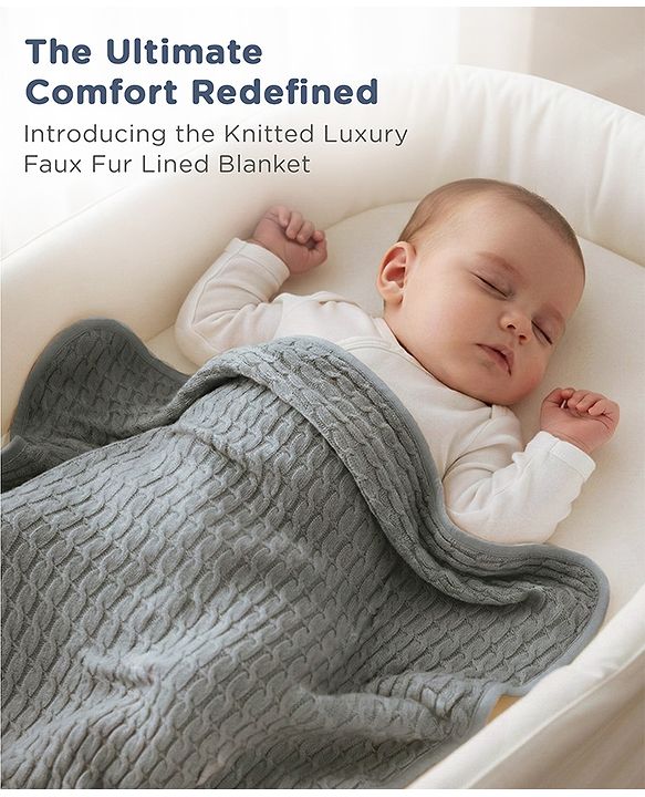 Babyhug Premium Cotton Knitted & Fur All Seasons Blanket - Off White