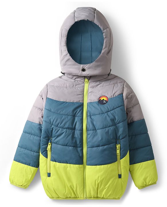 Babyhug Woven Full Sleeves Hooded Padded Jacket With Detachable Hood & Mountain Patch - Multicolor