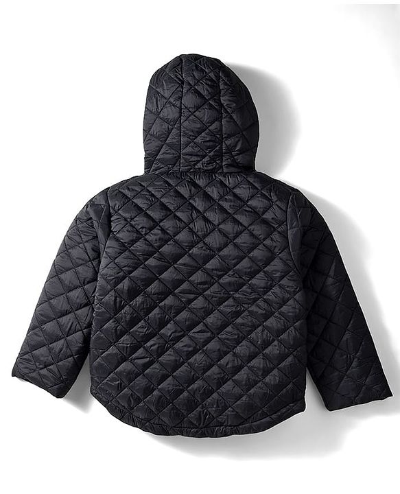 Babyhug Woven Full Sleeves Solid Hooded Quilted Jacket - Black