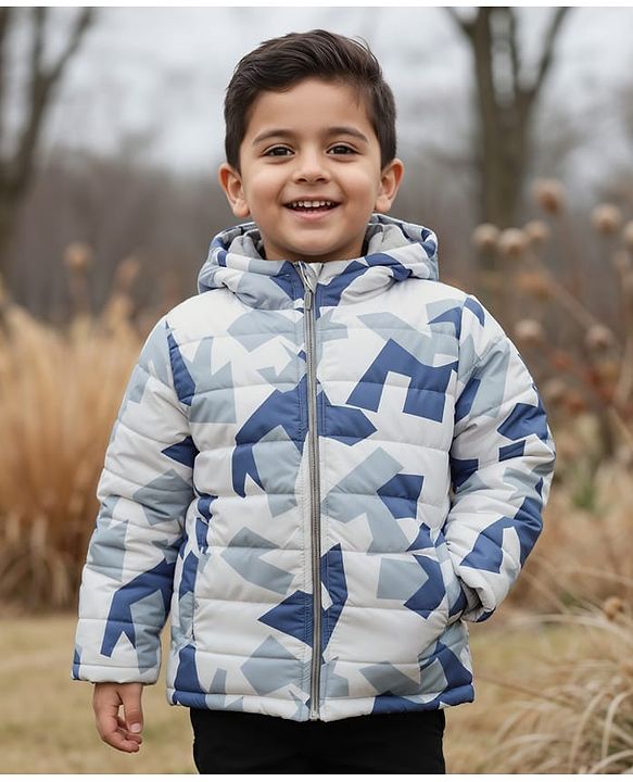 Babyhug Woven Full Sleeves Hooded Padded Jacket  With Abstract Print - Blue & White