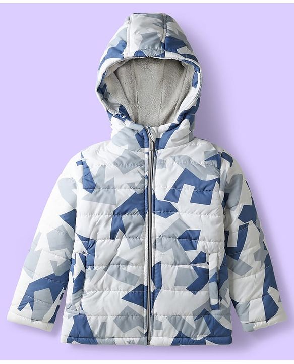 Babyhug Woven Full Sleeves Hooded Padded Jacket  With Abstract Print - Blue & White