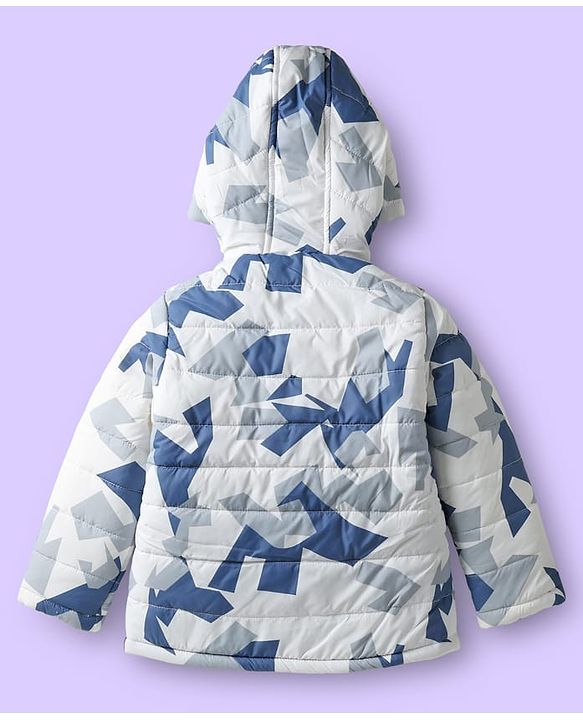 Babyhug Woven Full Sleeves Hooded Padded Jacket  With Abstract Print - Blue & White