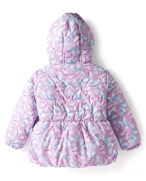 Babyhug Woven Full Sleeves Hooded Padded Jacket With Floral & Butterfly Print - Purple