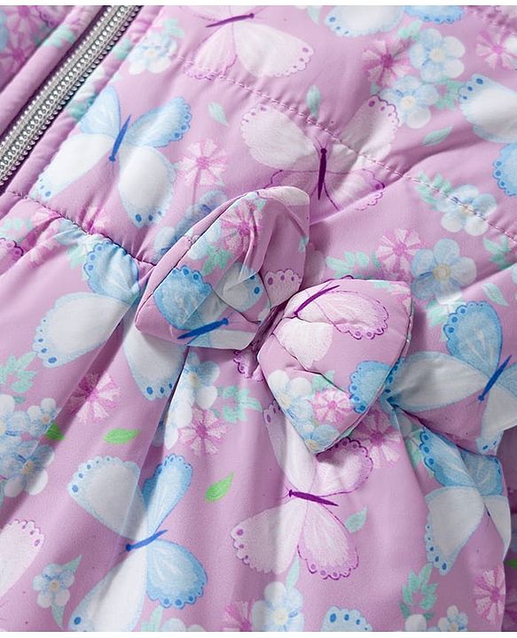 Babyhug Woven Full Sleeves Hooded Padded Jacket With Floral & Butterfly Print - Purple