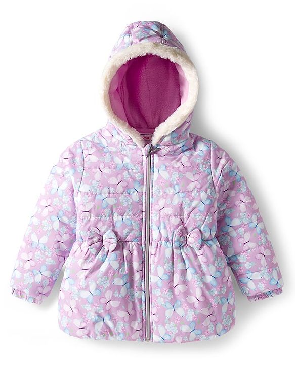 Babyhug Woven Full Sleeves Hooded Padded Jacket With Floral & Butterfly Print - Purple