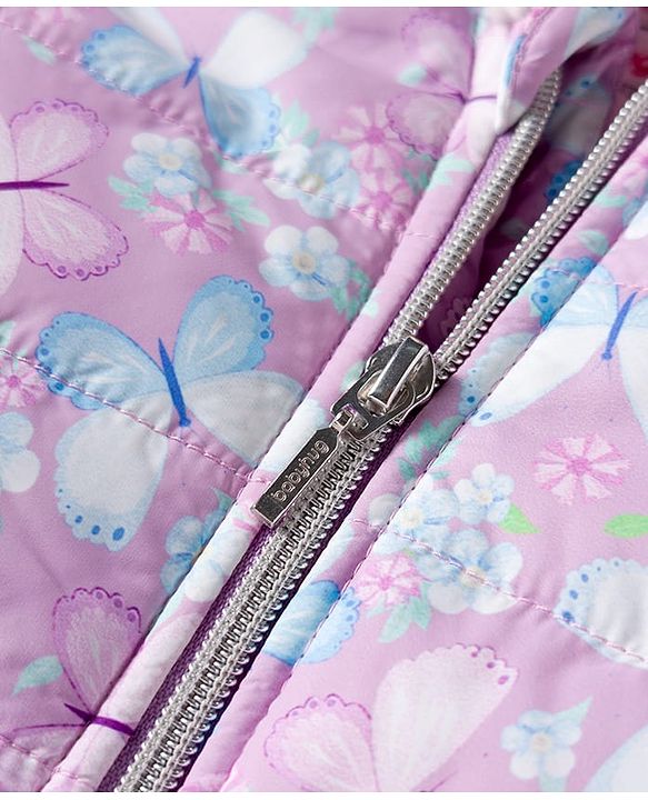 Babyhug Woven Full Sleeves Hooded Padded Jacket With Floral & Butterfly Print - Purple