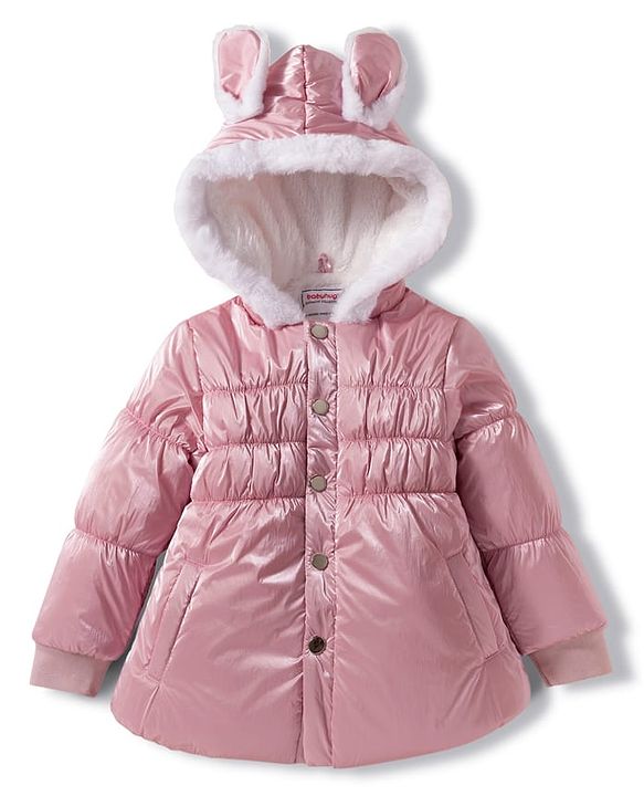 Babyhug Woven Full Sleeves Solid Color Hooded Padded Winter Jacket with Ear Applique - Pink