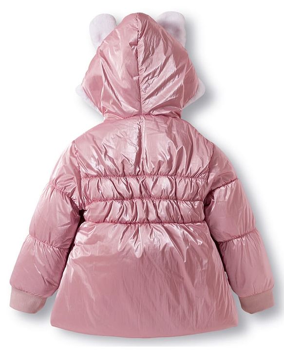 Babyhug Woven Full Sleeves Solid Color Hooded Padded Winter Jacket with Ear Applique - Pink