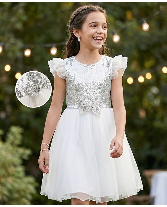 Pine Kids Woven Frill Sleeves Sequinned Flared Party Wear Dress With Bow Applique - White