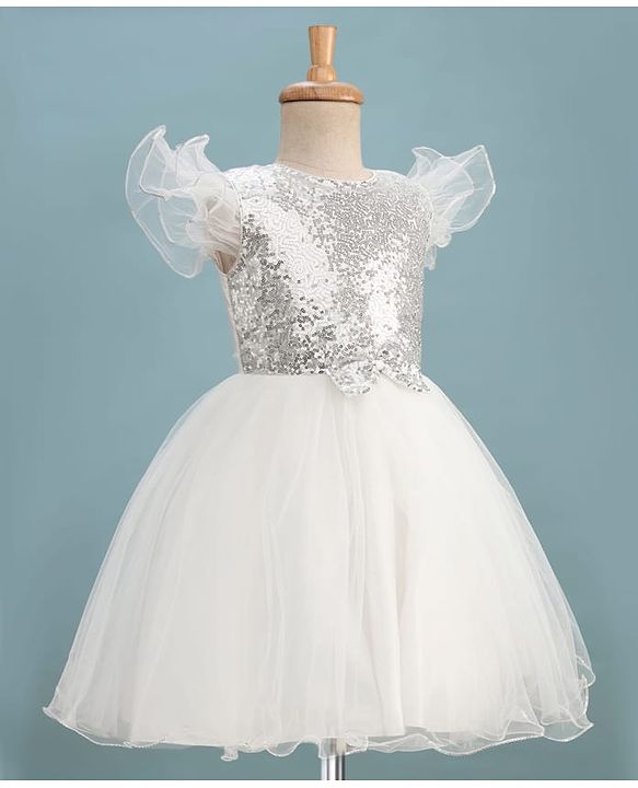 Pine Kids Woven Frill Sleeves Sequinned Flared Party Wear Dress With Bow Applique - White