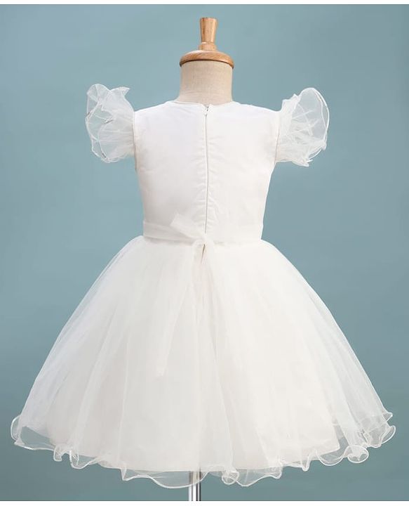 Pine Kids Woven Frill Sleeves Sequinned Flared Party Wear Dress With Bow Applique - White