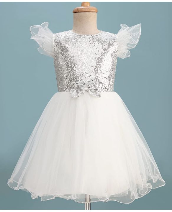 Pine Kids Woven Frill Sleeves Sequinned Flared Party Wear Dress With Bow Applique - White