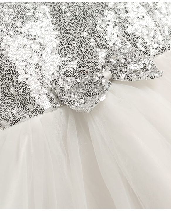 Pine Kids Woven Frill Sleeves Sequinned Flared Party Wear Dress With Bow Applique - White