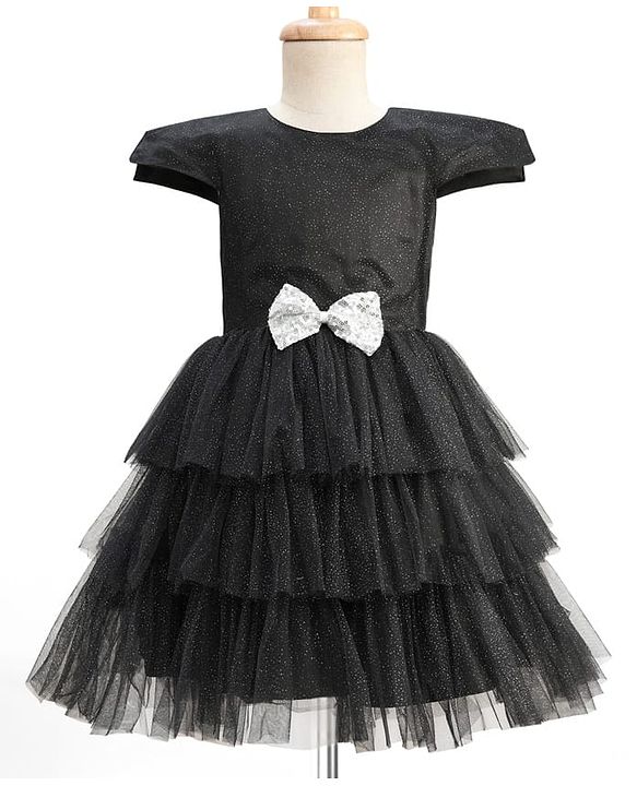 Pine Kids Woven Half Sleeves Shimmered Party Dress With Sequinned Bow Applique - Black