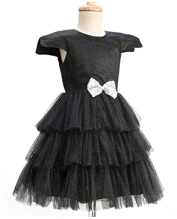Pine Kids Woven Half Sleeves Shimmered Party Dress With Sequinned Bow Applique - Black