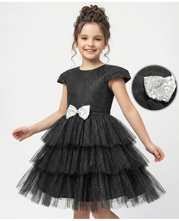 Pine Kids Woven Half Sleeves Shimmered Party Dress With Sequinned Bow Applique - Black