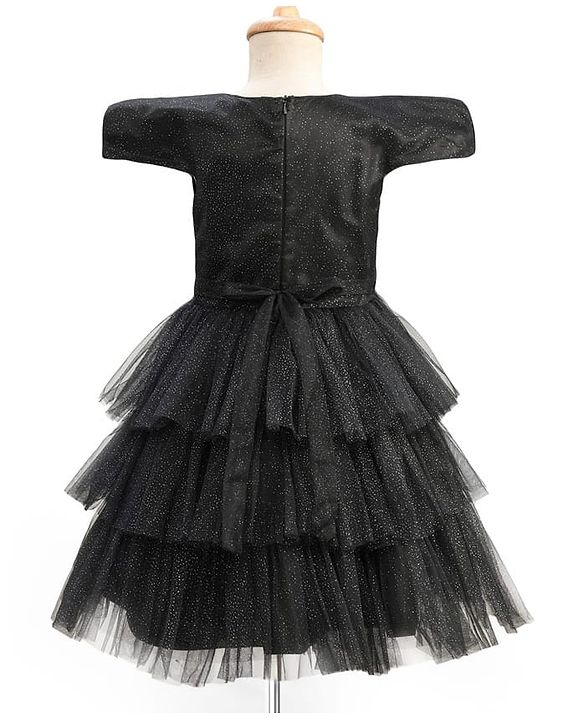 Pine Kids Woven Half Sleeves Shimmered Party Dress With Sequinned Bow Applique - Black