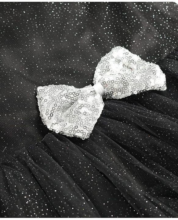 Pine Kids Woven Half Sleeves Shimmered Party Dress With Sequinned Bow Applique - Black