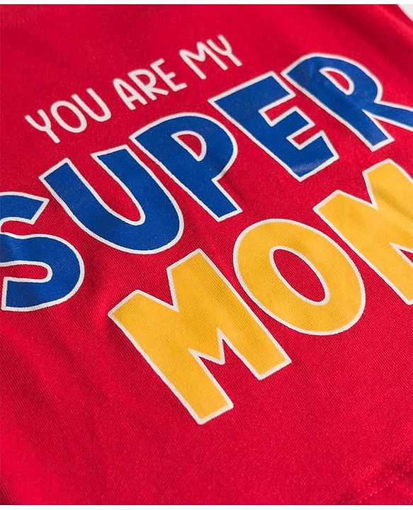 Babyhug Cotton Knit Full Sleeves Night Suit With Super Mom Text Print - Red & Blue