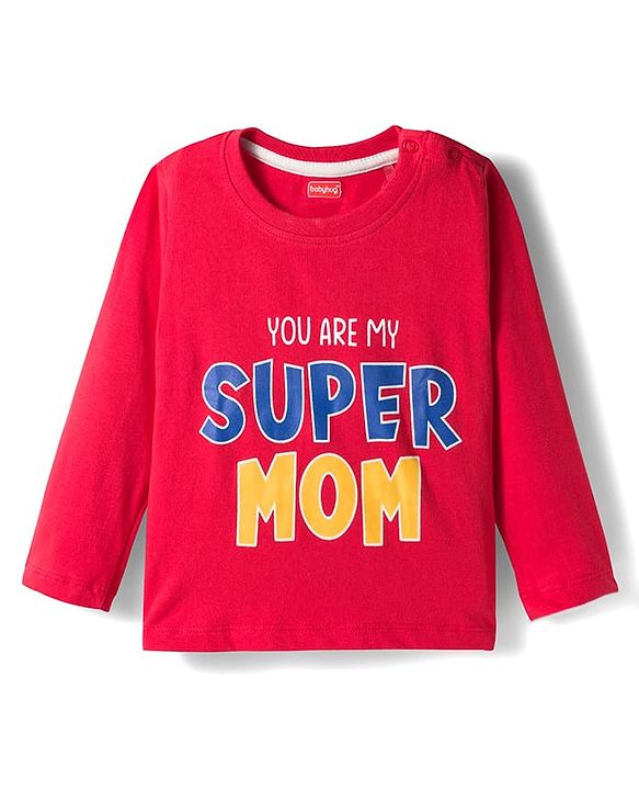 Babyhug Cotton Knit Full Sleeves Night Suit With Super Mom Text Print - Red & Blue