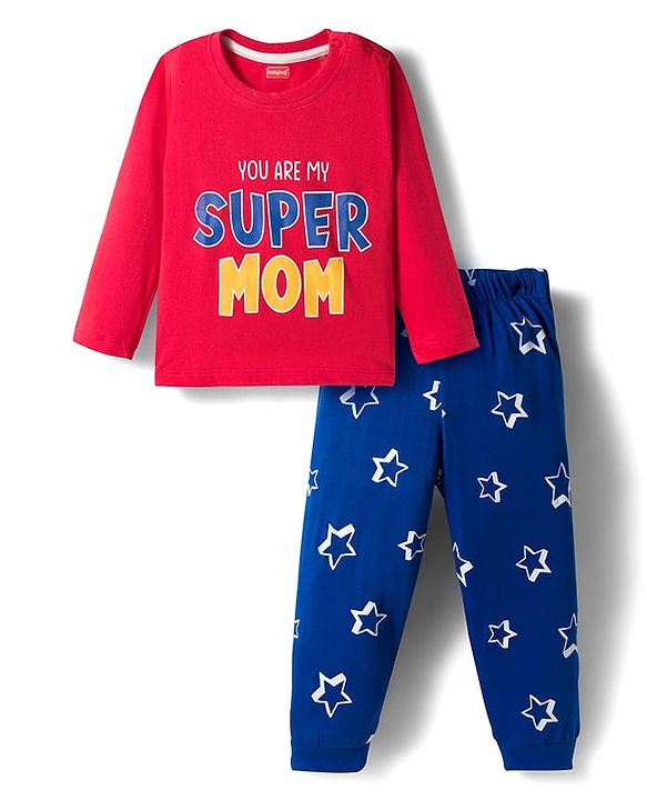 Babyhug Cotton Knit Full Sleeves Night Suit With Super Mom Text Print - Red & Blue