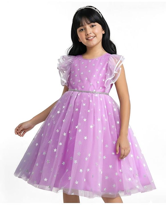 Pine Kids Woven Flutter Sleeves Party Dress With Glitter Star Print - Lilac